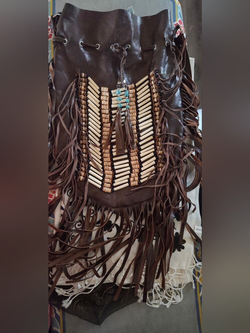 Native Brown Fringe Beaded Womens Jacket Accent Bag A True Calf Leather Bag.